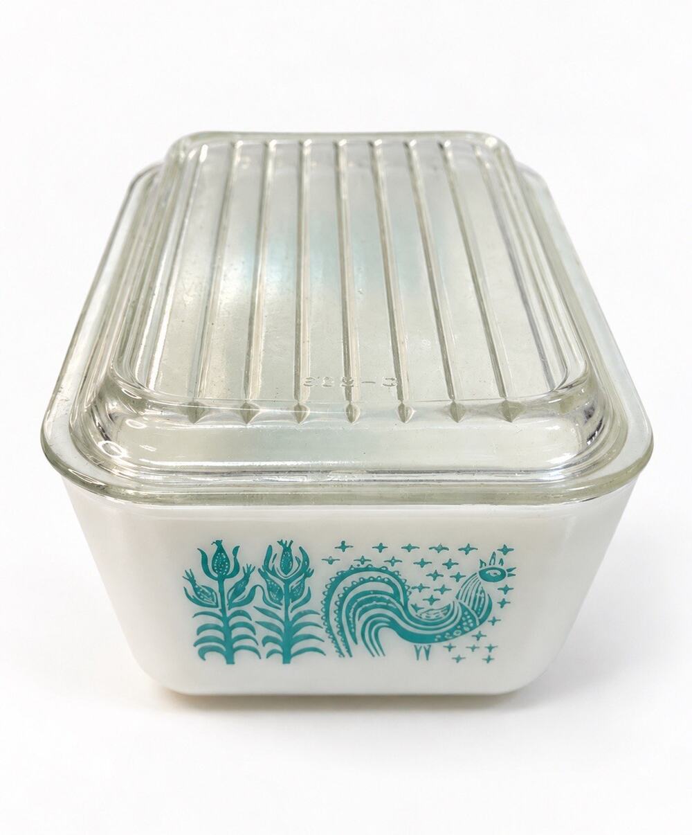 Vintage Pyrex Butterprint 502 Refrigerator Dish 1½ Pint Turquoise Rooster w/Lid